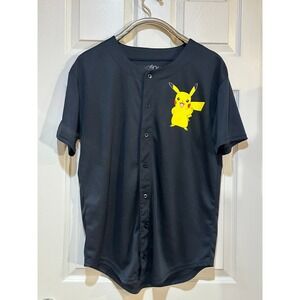 Pokemon Pikachu Baseball Jersey Black Button Up Shirt 025 Mens Medium MD